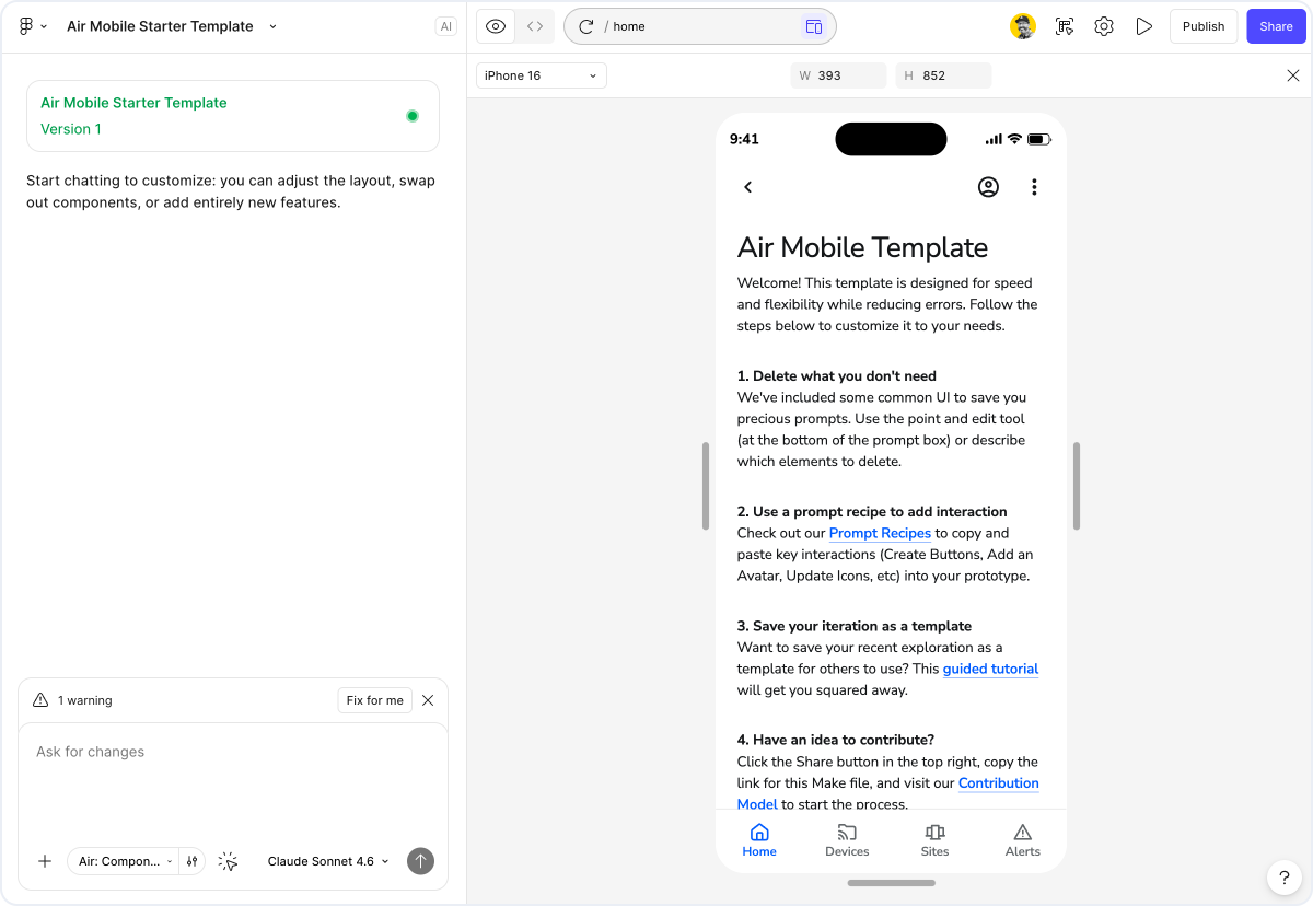 Mobile starter template built from Air components